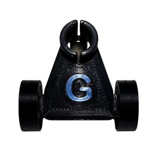 O.B. Roller black photo with "G" written in blue, white background
