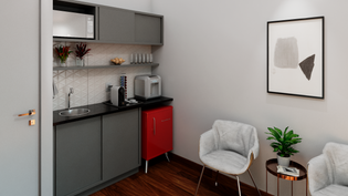 Projeto de arquitetura, reforma comercial, projeto de escritório de Advocacia. Sala de espera com café.