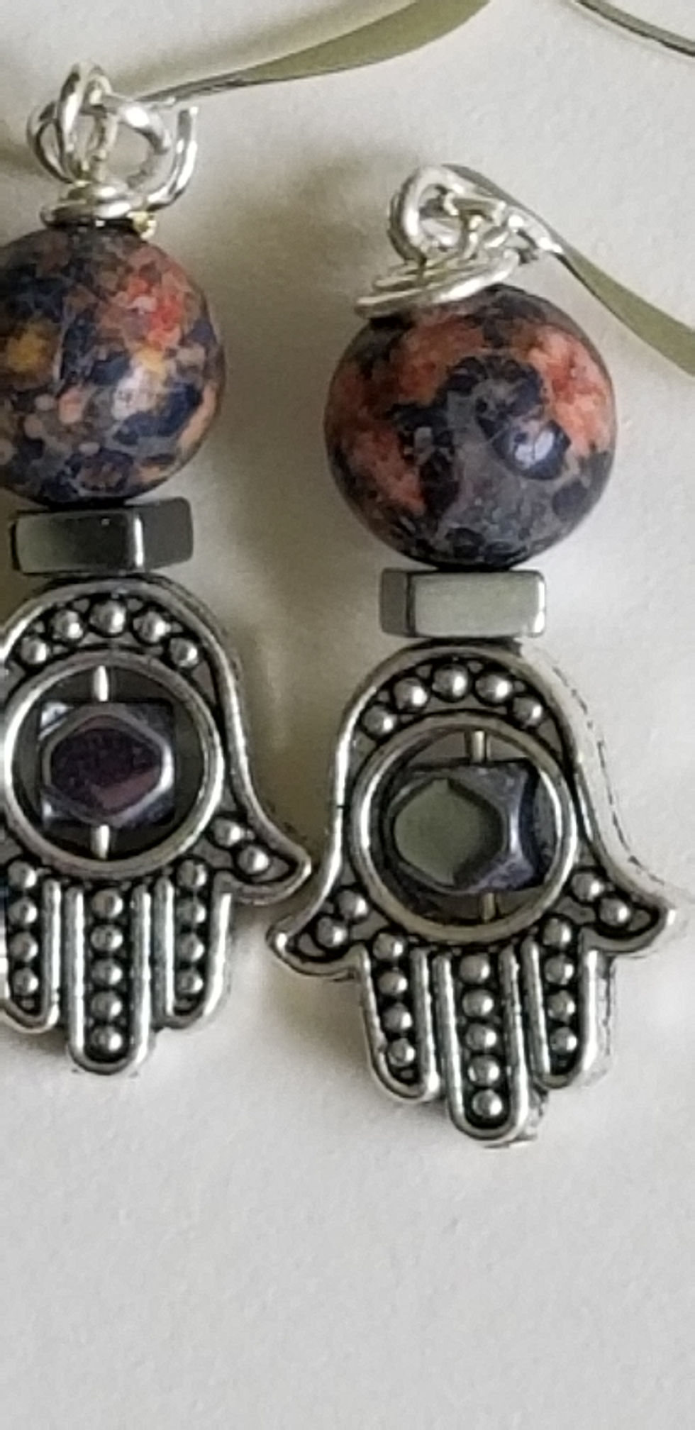 Thumbnail: Semi-Precious Leopard Jasper Hematite Beads Hamsa Beaded Earrings Protective