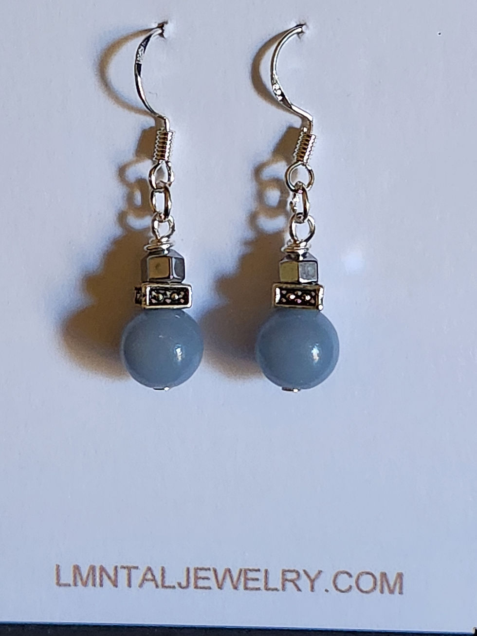 Thumbnail: Semi-Precious Angelite and Hematite Mini Petite Metaphysical Elemental Earrings