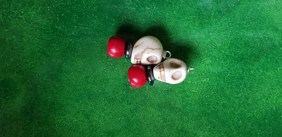 Thumbnail: Semi-Precious Red Bamboo Coral Howlite Skull Beads Elemental Jewelry Hematite
