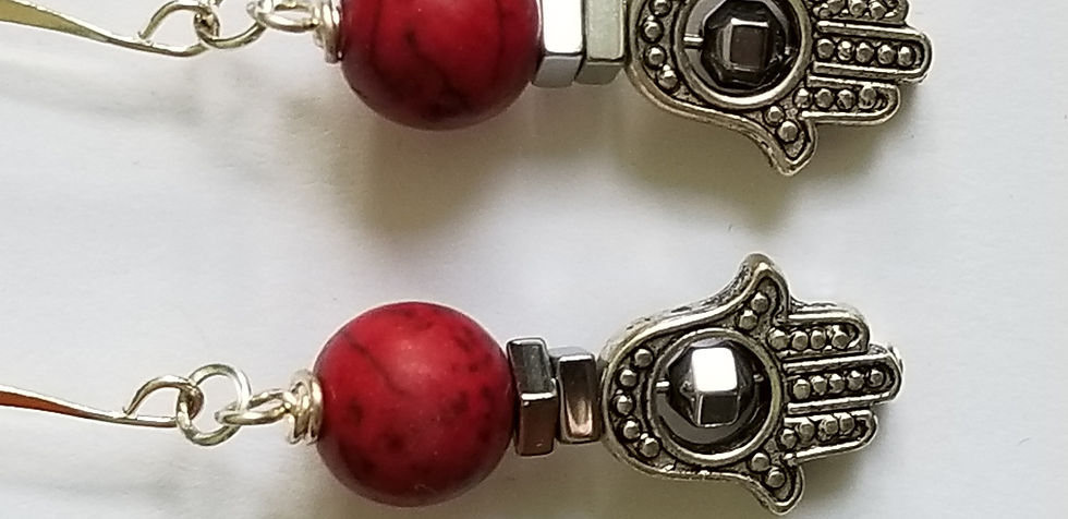 Thumbnail: Semi-Precious Red Turquoise Hematite Hamsa Beaded Earrings Elemental Jewelry