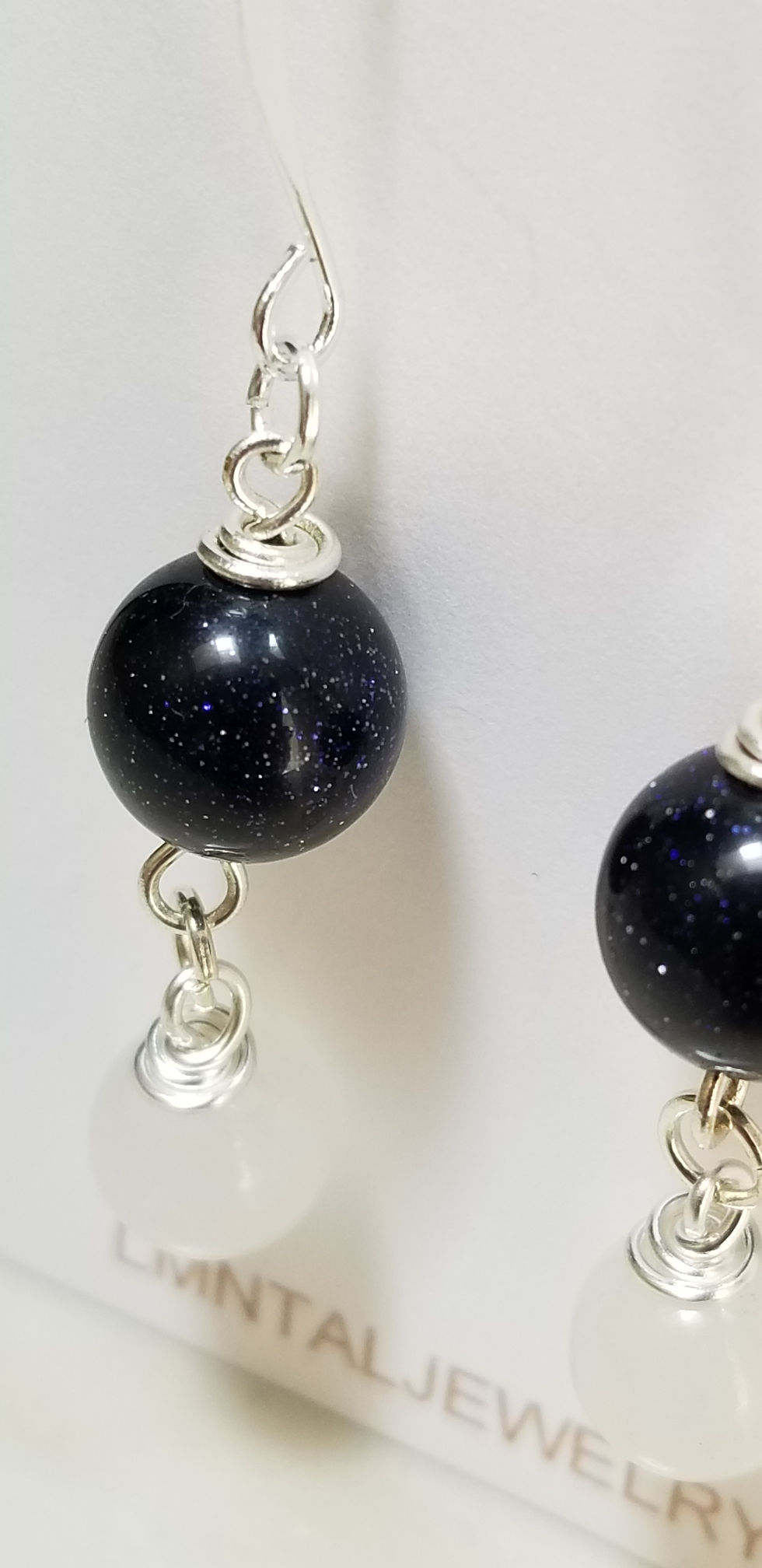 Thumbnail: Semi-Precious Snow Quartz Blue Goldstone Dangle Beaded Earrings Elemental