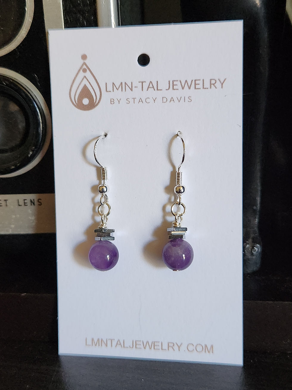 Thumbnail: Amethyst and Hematite Semi-Precious Beaded Earrings Petite Small Elemental Jewel