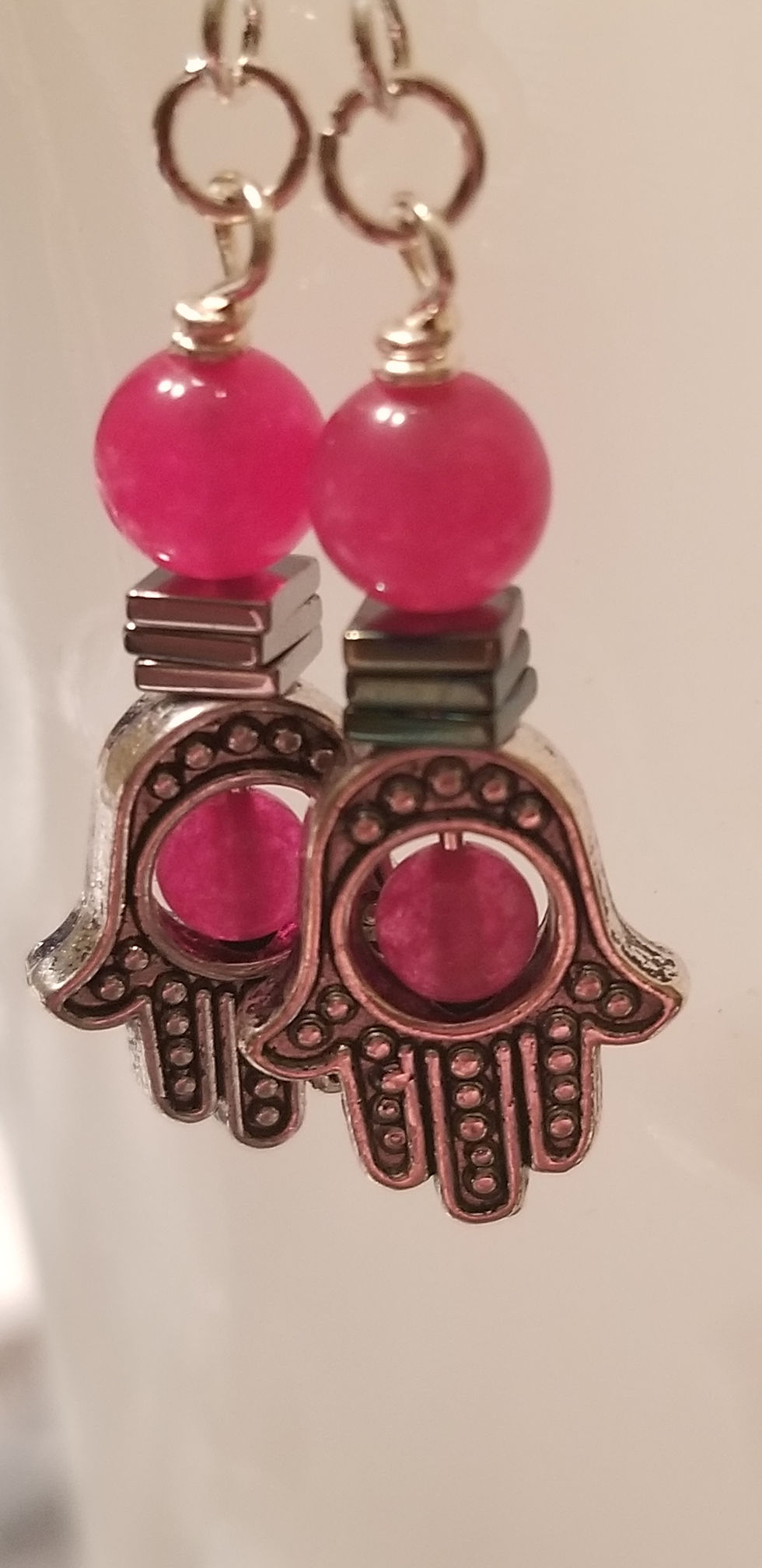 Thumbnail: Pink Quartzite and Hematite HAMSA Collection Nickel-free Earrings 
