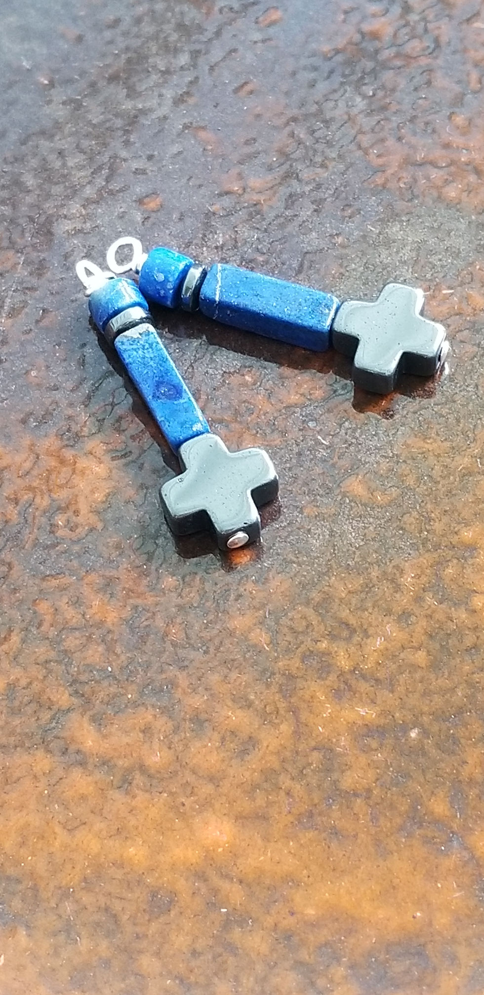 Thumbnail: Semi-Precious Lapis Lazuli Beads Hematite Malta Cross Beaded Earrings Elemental