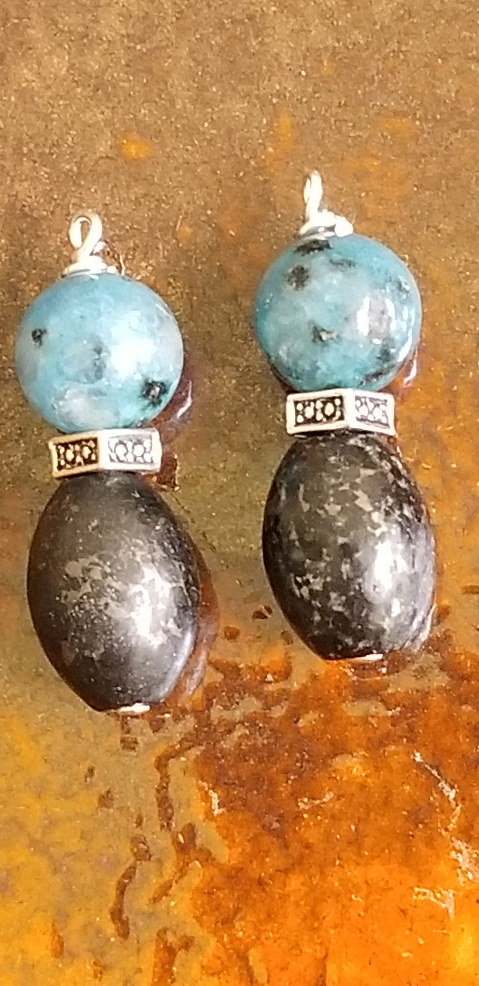 Thumbnail: Semi-Precious Pyrite Kiwi Jasper Elemental Beaded Earrings Protective Spiritual