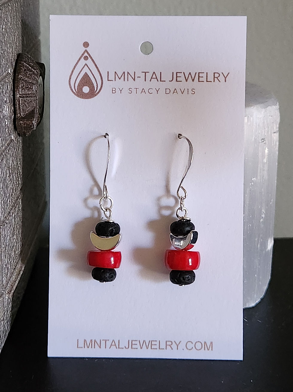 Thumbnail: Coral Lava and Silver Moon Beaded Earrings Elemental Jewelry Metaphysical Energy