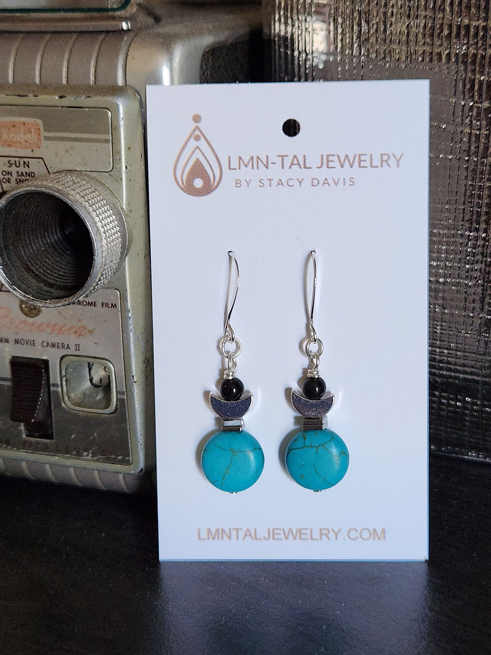 Thumbnail: Turquoise Howlite Hematite Golden Obsidian Silver Moon Petite Beaded Earrings