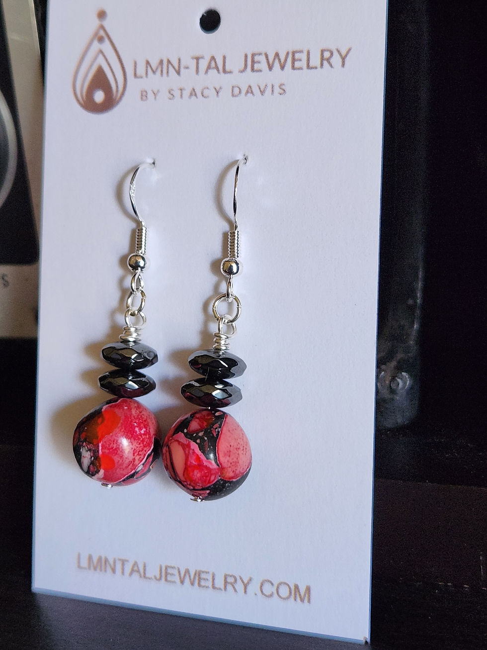 Thumbnail: Pink Red Black Grey Howlite Faceted Hematite Beaded Earrings Elemental Jewelry