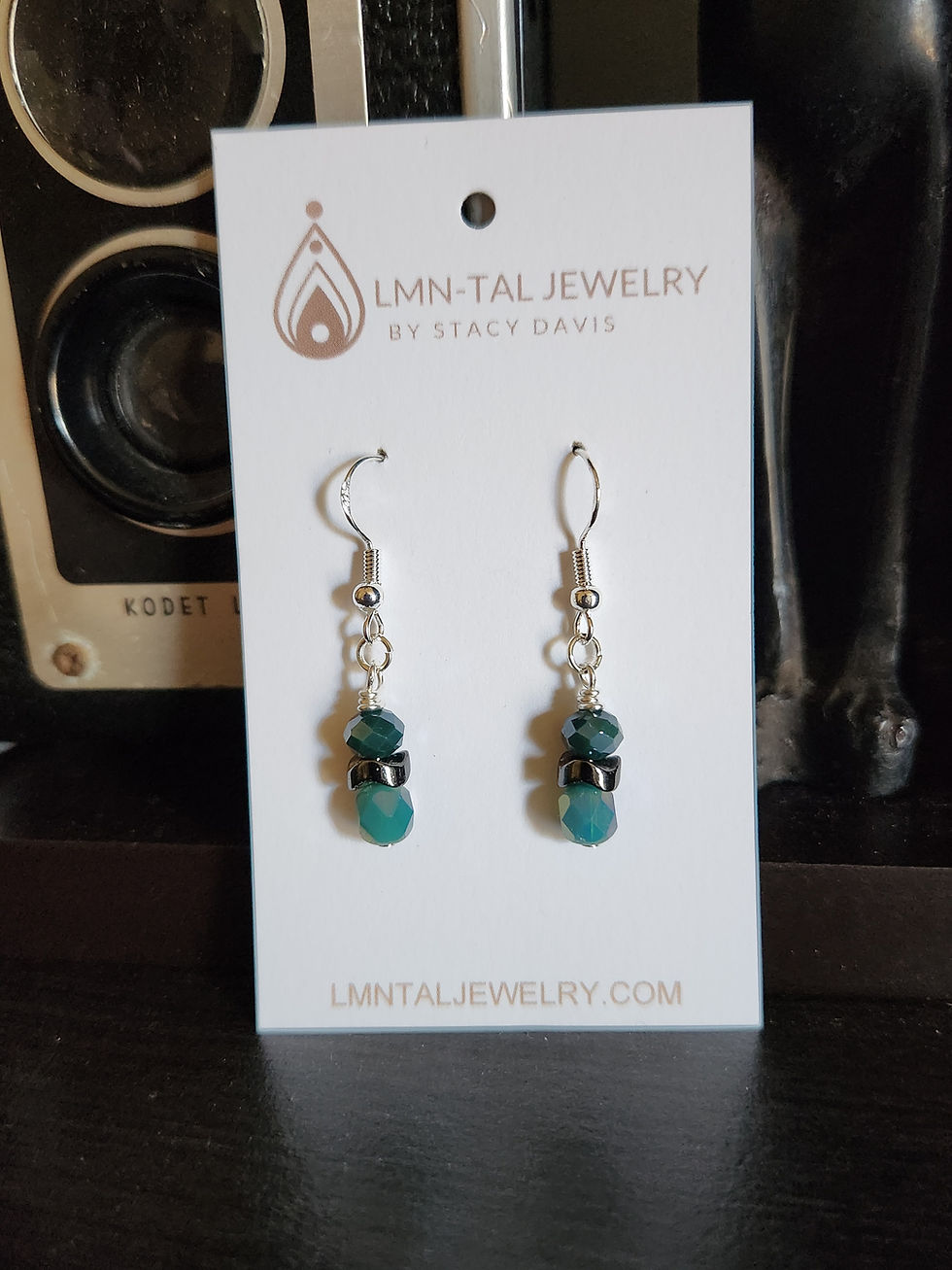Thumbnail: Hematite Blue Green Swarovski Crystal Beaded Earrings Woman Owned Petite SS925