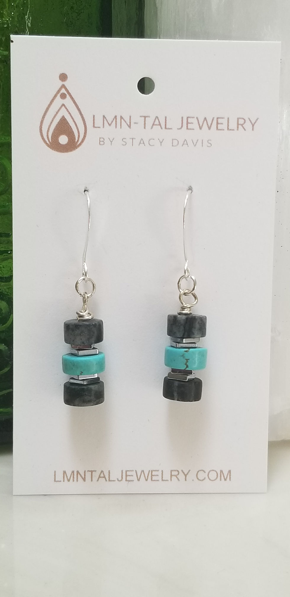 Thumbnail: Semi-Precious Turquoise and Picasso Jasper Heishi Beads Hematite Beaded Earrings