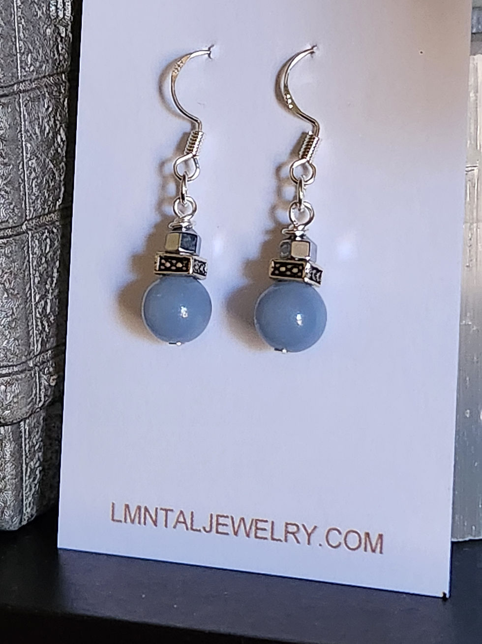 Thumbnail: Semi-Precious Angelite and Hematite Mini Petite Metaphysical Elemental Earrings