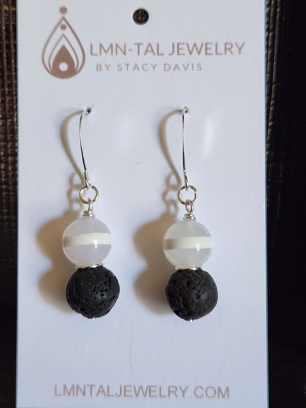 Thumbnail: White Agate Painted Dzi African Tribal Bead Black Lava Stacked Beaded Earrings