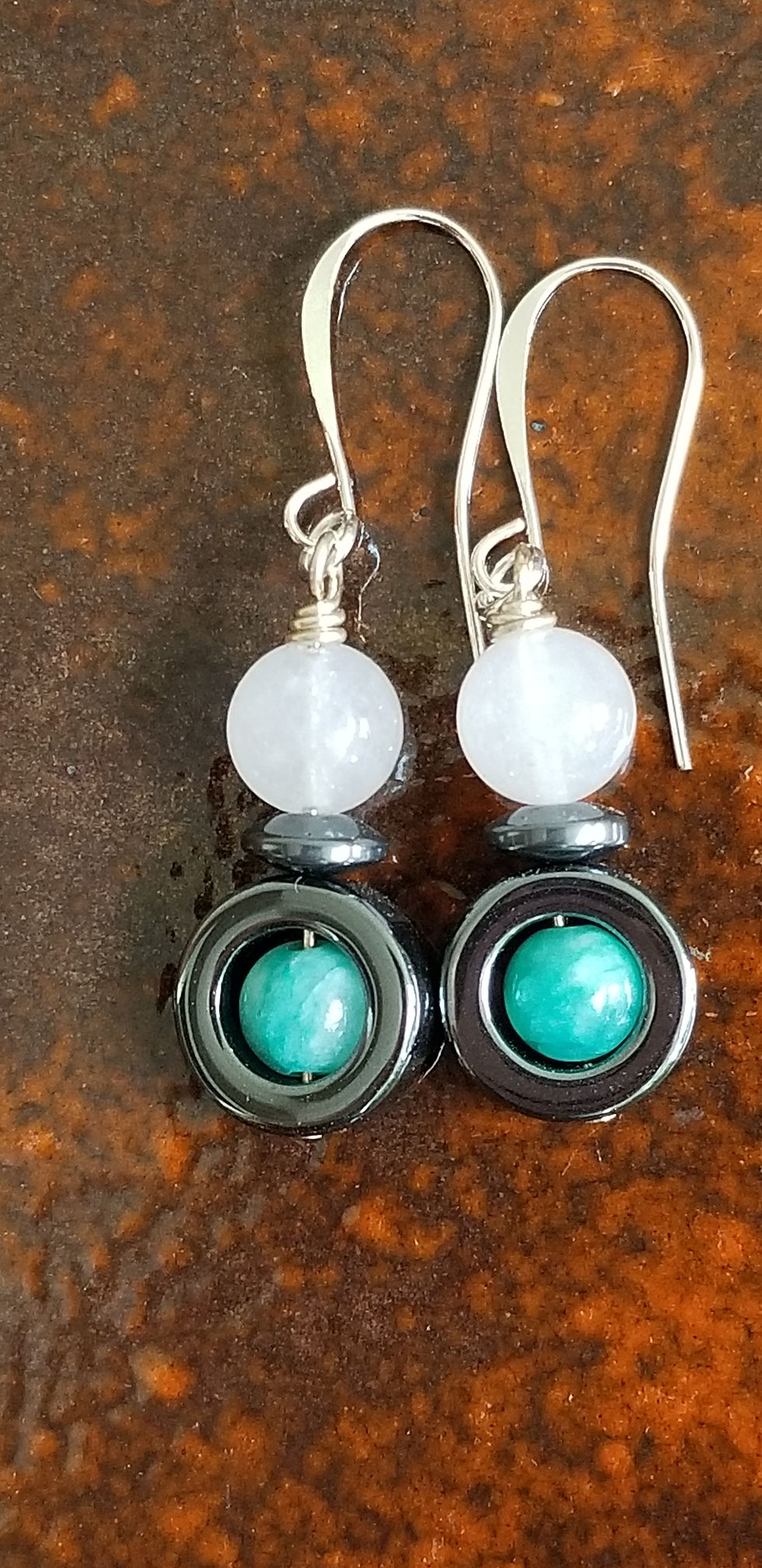 Thumbnail: Semi-Precious Amazonite Hematite and Pure Snow Quartz Beaded Earrings Elemental