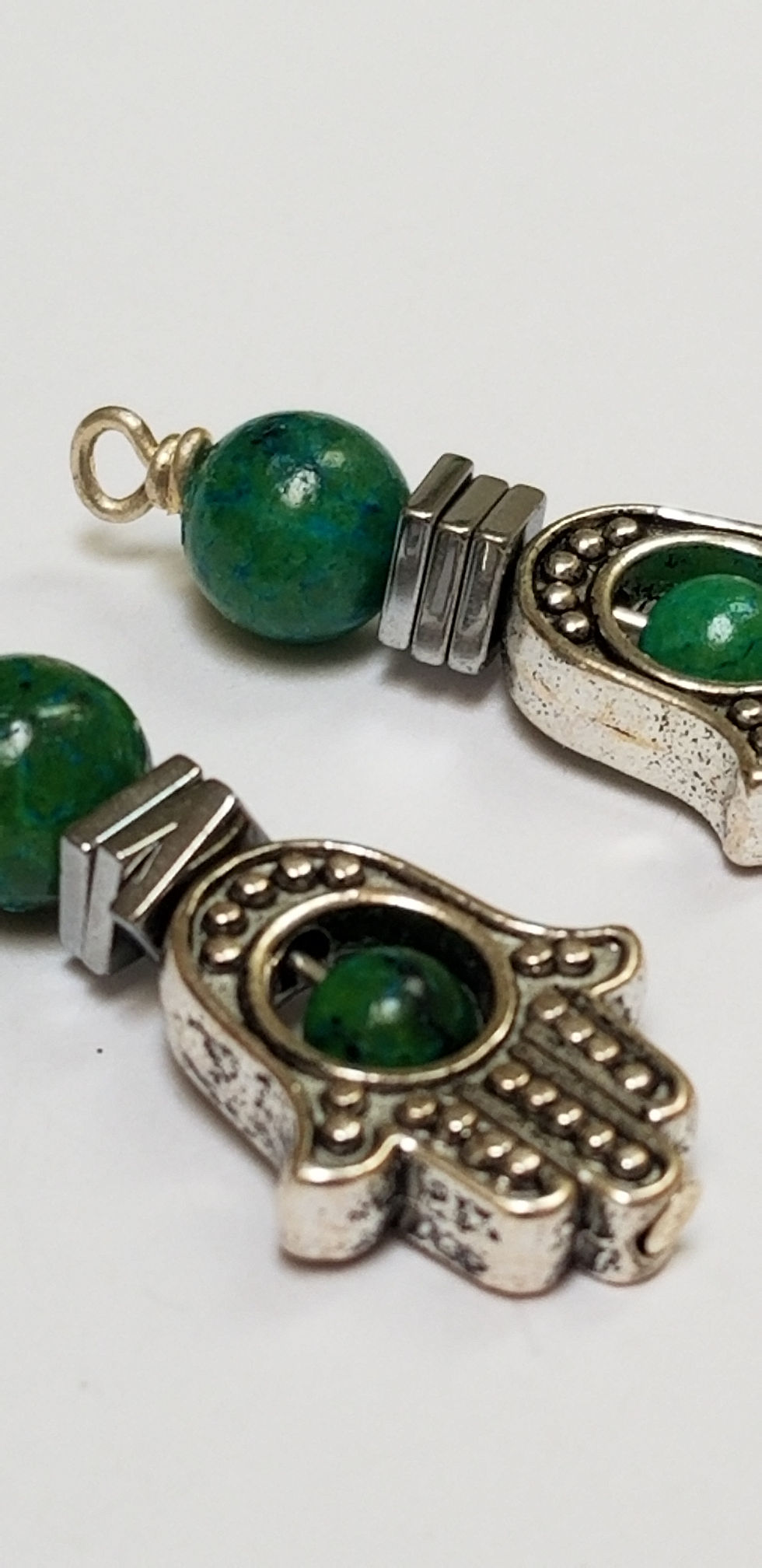 Thumbnail: Semi-Precious Green Jasper and Hematite Hamsa Silver Beaded Earrings Protective