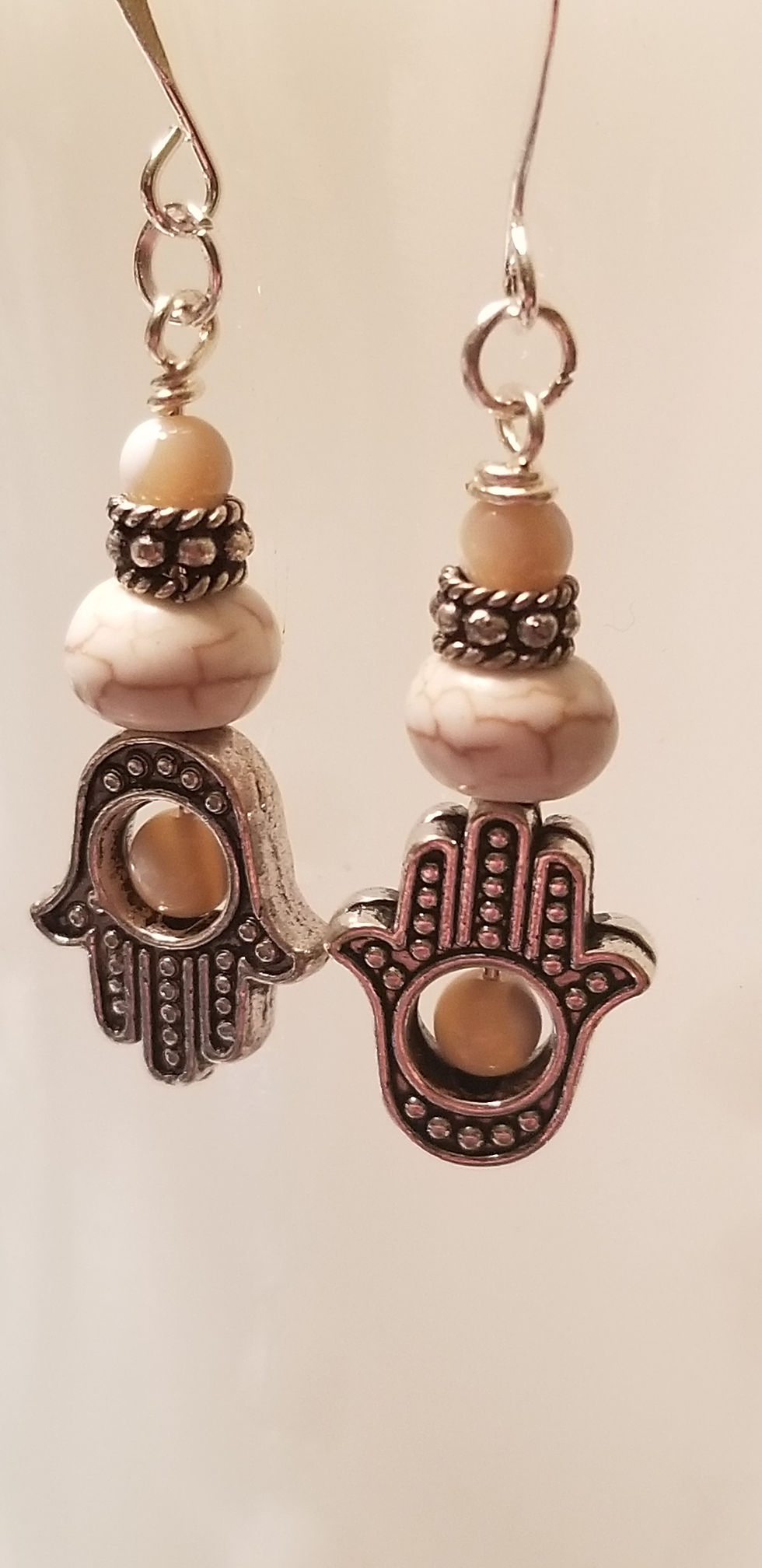 Thumbnail: Semi-precious Abalone, Mother of Pearl & Howlite Beaded HAMSA Earrings
