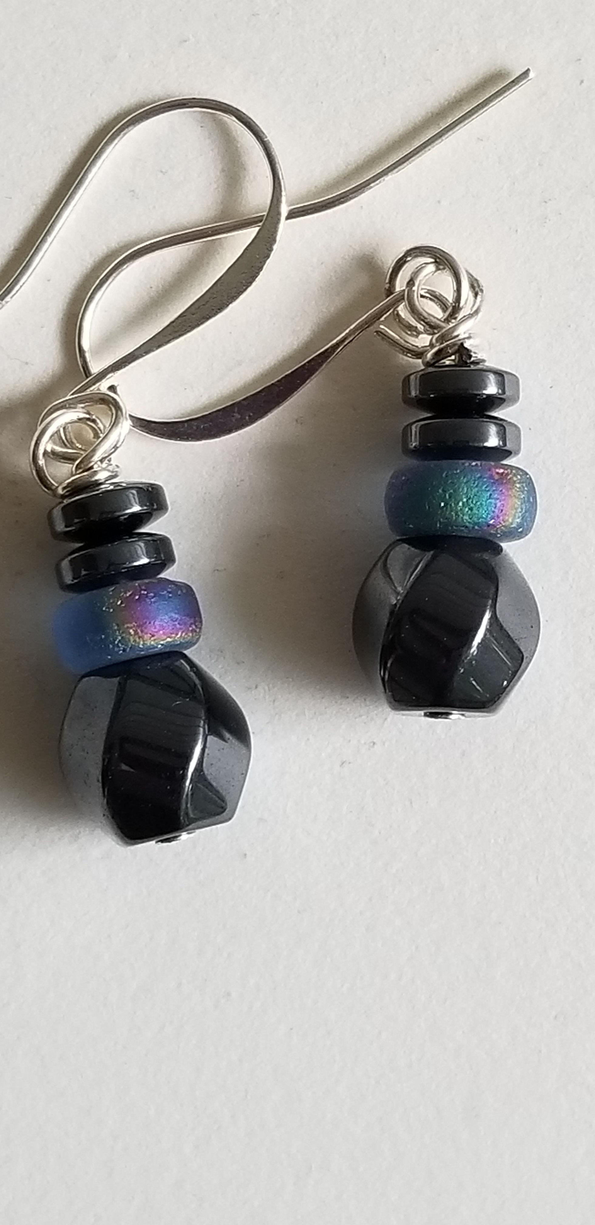 Semi-Precious Hematite and Art Glass Beaded Earrings Elemental Jewelry