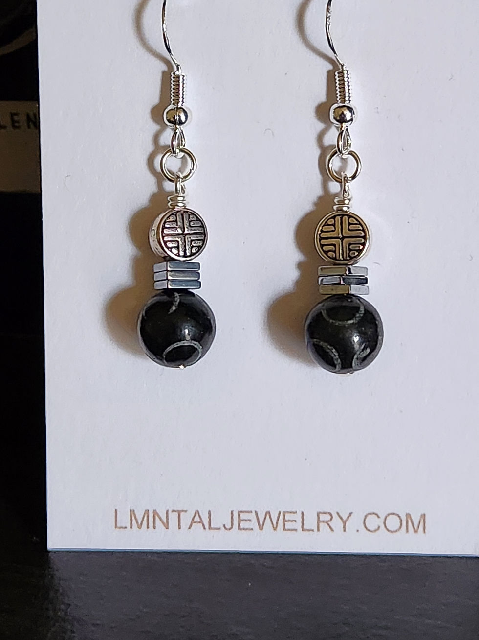 Thumbnail: Semi Precious Black Quartz Hematite Water Energy Scorpio Beaded Earrings Element