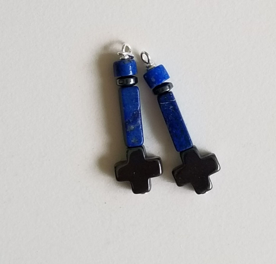 Thumbnail: Semi-Precious Lapis Lazuli Beads Hematite Malta Cross Beaded Earrings Elemental