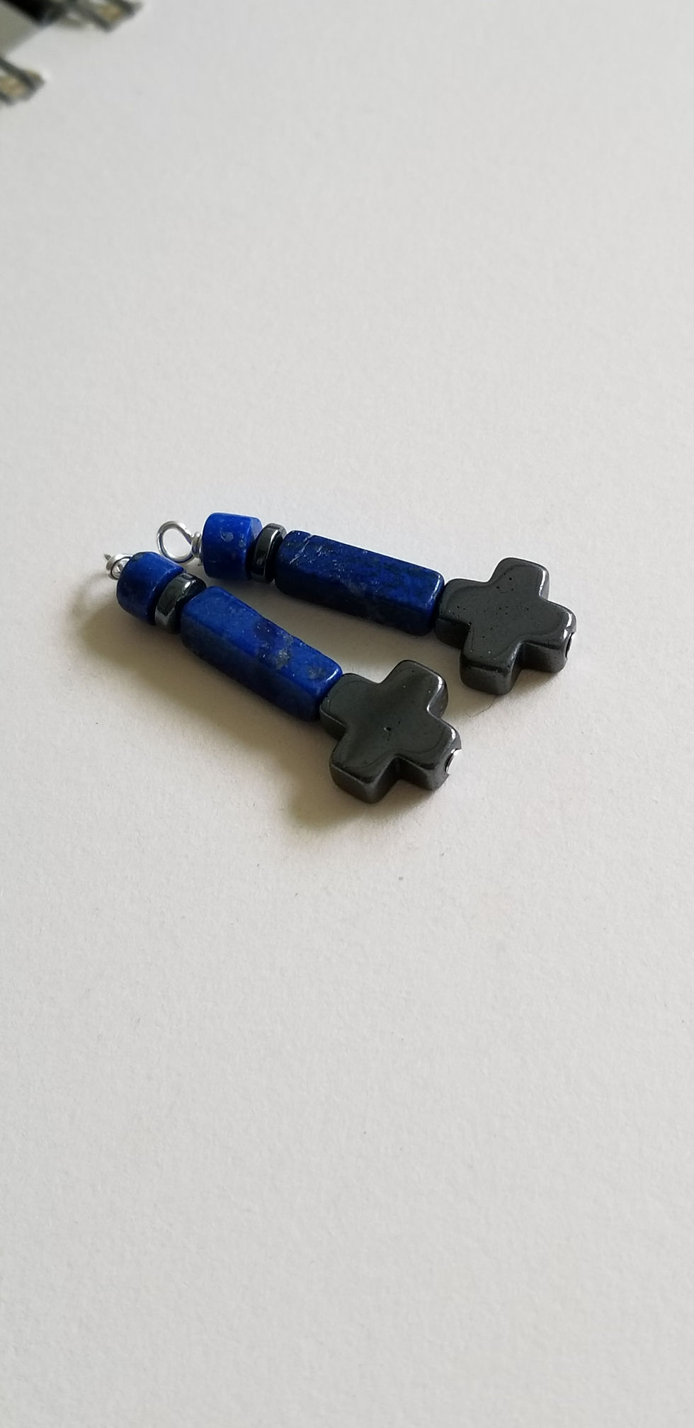 Thumbnail: Semi-Precious Lapis Lazuli Beads Hematite Malta Cross Beaded Earrings Elemental