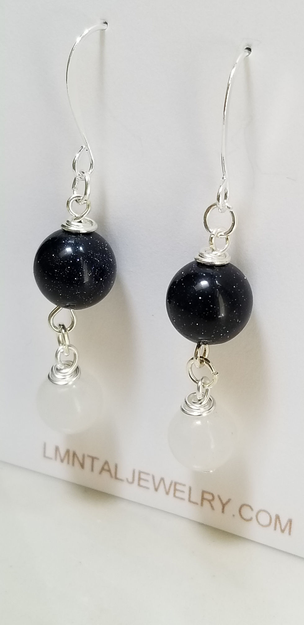 Thumbnail: Semi-Precious Snow Quartz Blue Goldstone Dangle Beaded Earrings Elemental