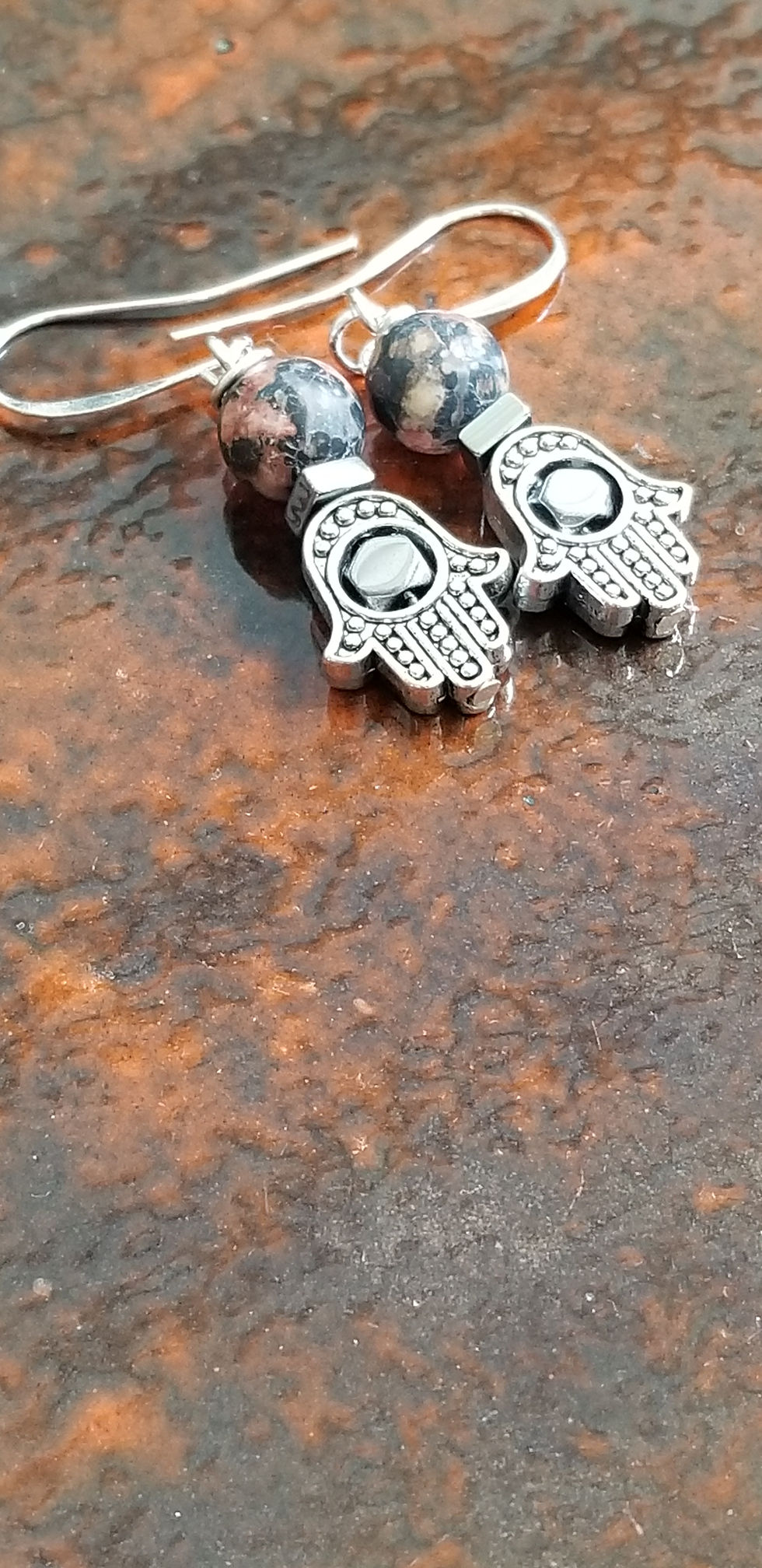 Thumbnail: Semi-Precious Leopard Jasper Hematite Beads Hamsa Beaded Earrings Protective