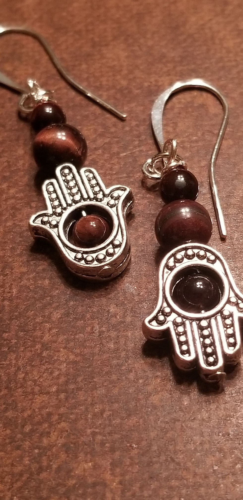 Thumbnail: Semi-precious Red Tiger's Eye HAMSA Collection Nickel-free Earrings 
