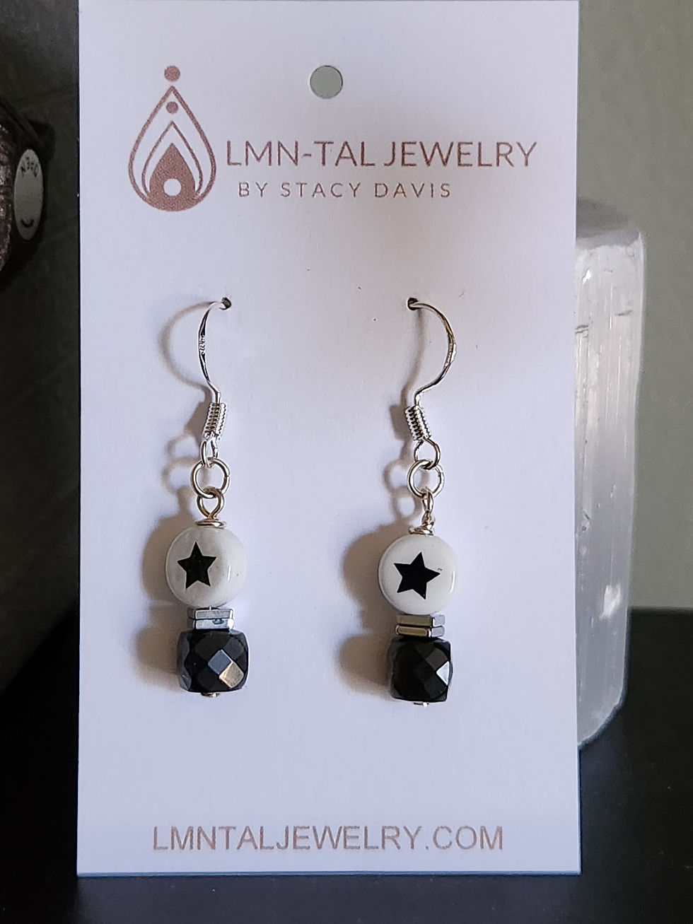 Thumbnail: Hematite Black Swarovski and Star Beaded Earrings Woman Owned Petite Precious