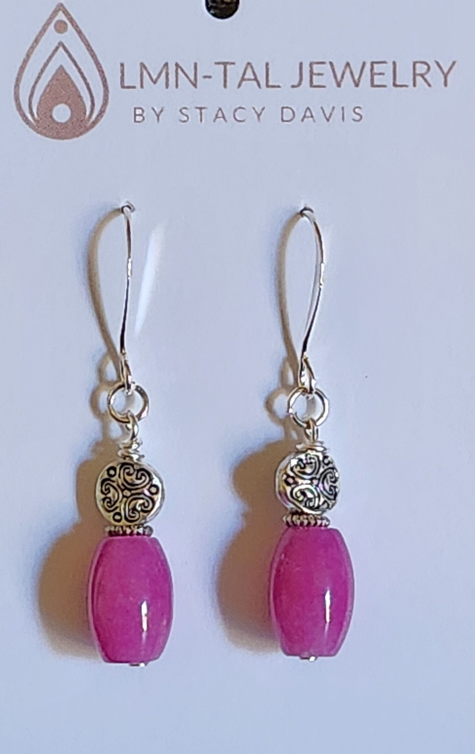 Pink Jade Jadeite Silver Plated Flower Hot Pink Barbie Movie Beaded Earrings