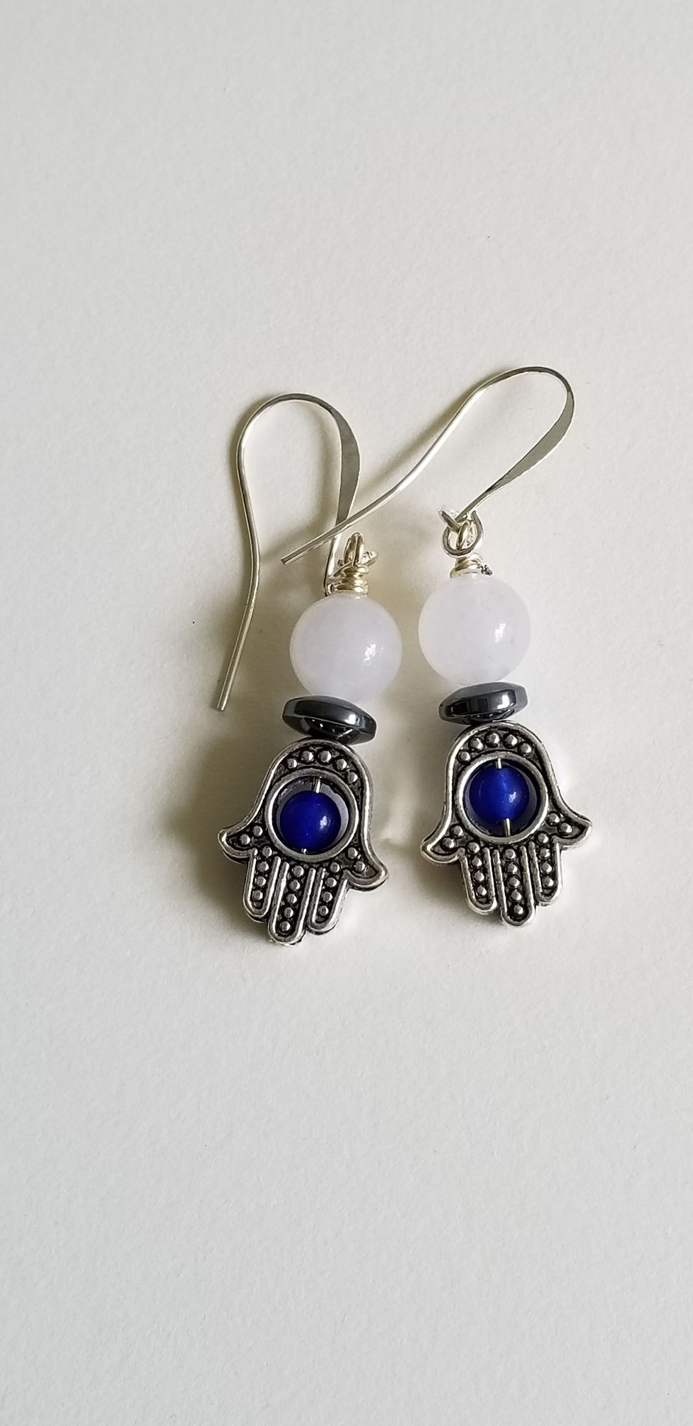 Thumbnail: Semi-Precious Snow Quartz Hematite Blue Aventurine Hamsa Earrings Elemental