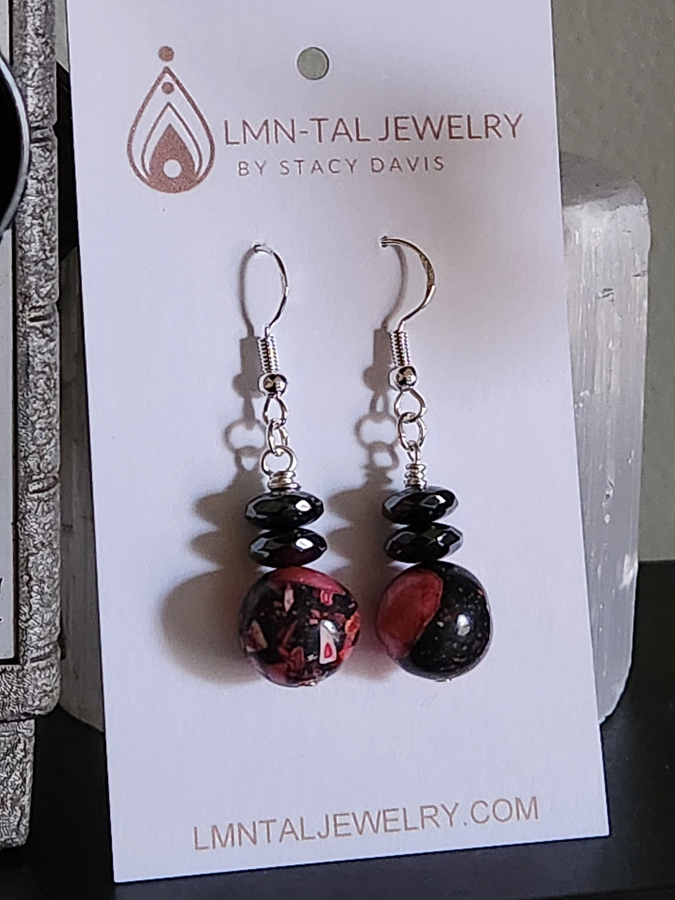 Thumbnail: Pink Red Black Grey Howlite Faceted Hematite Beaded Earrings Elemental Jewelry