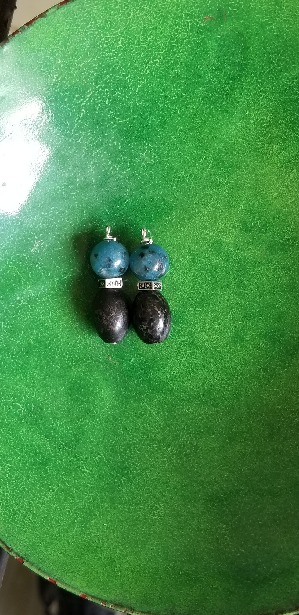 Thumbnail: Semi-Precious Pyrite Kiwi Jasper Elemental Beaded Earrings Protective Spiritual
