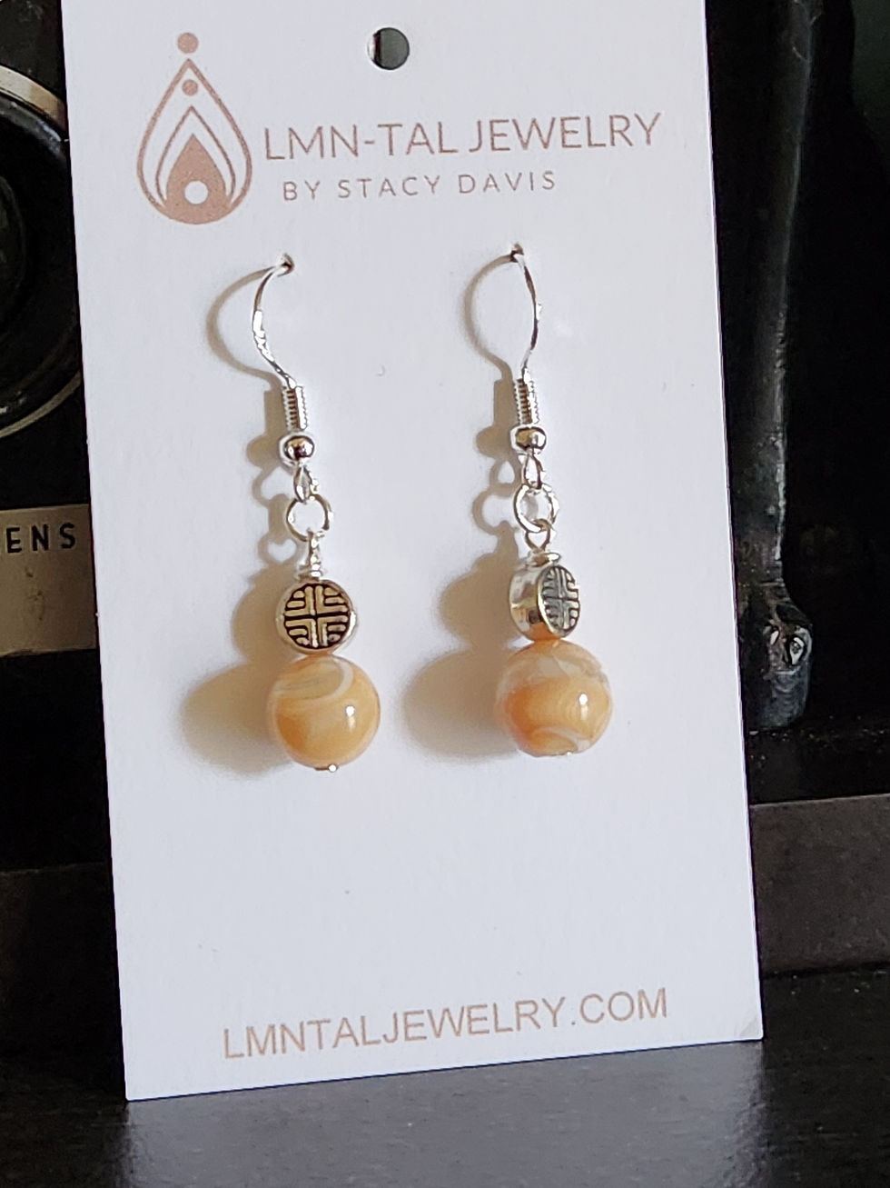 Thumbnail: Peach Shell Mother of Pearl and Silver Cross Beaded Earrings Petite Neat SS925