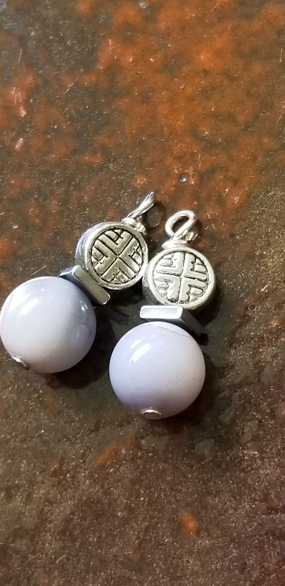 Thumbnail: Grey Shell and Silver Cross w/ Hematite Mini Beaded Earrings Elemental Jewelry