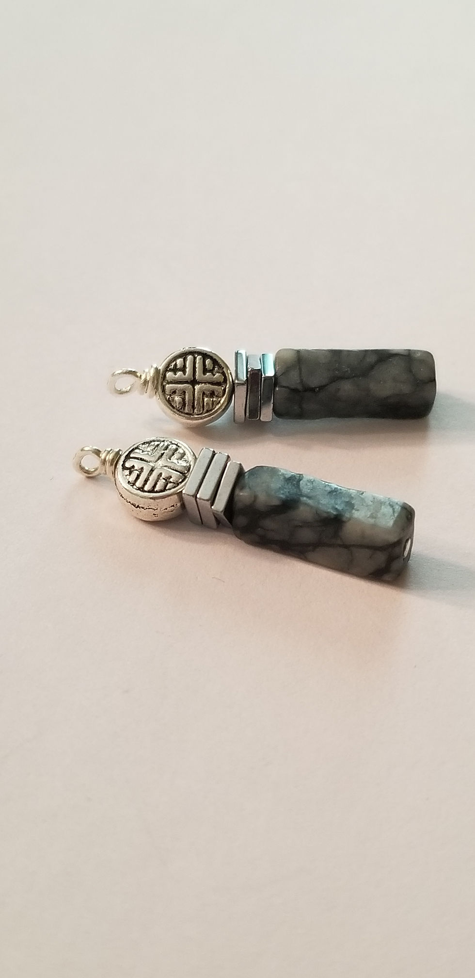 Thumbnail: Semi-Precious Serpentine and Hematite Beaded Earrings Metaphysical Elemental