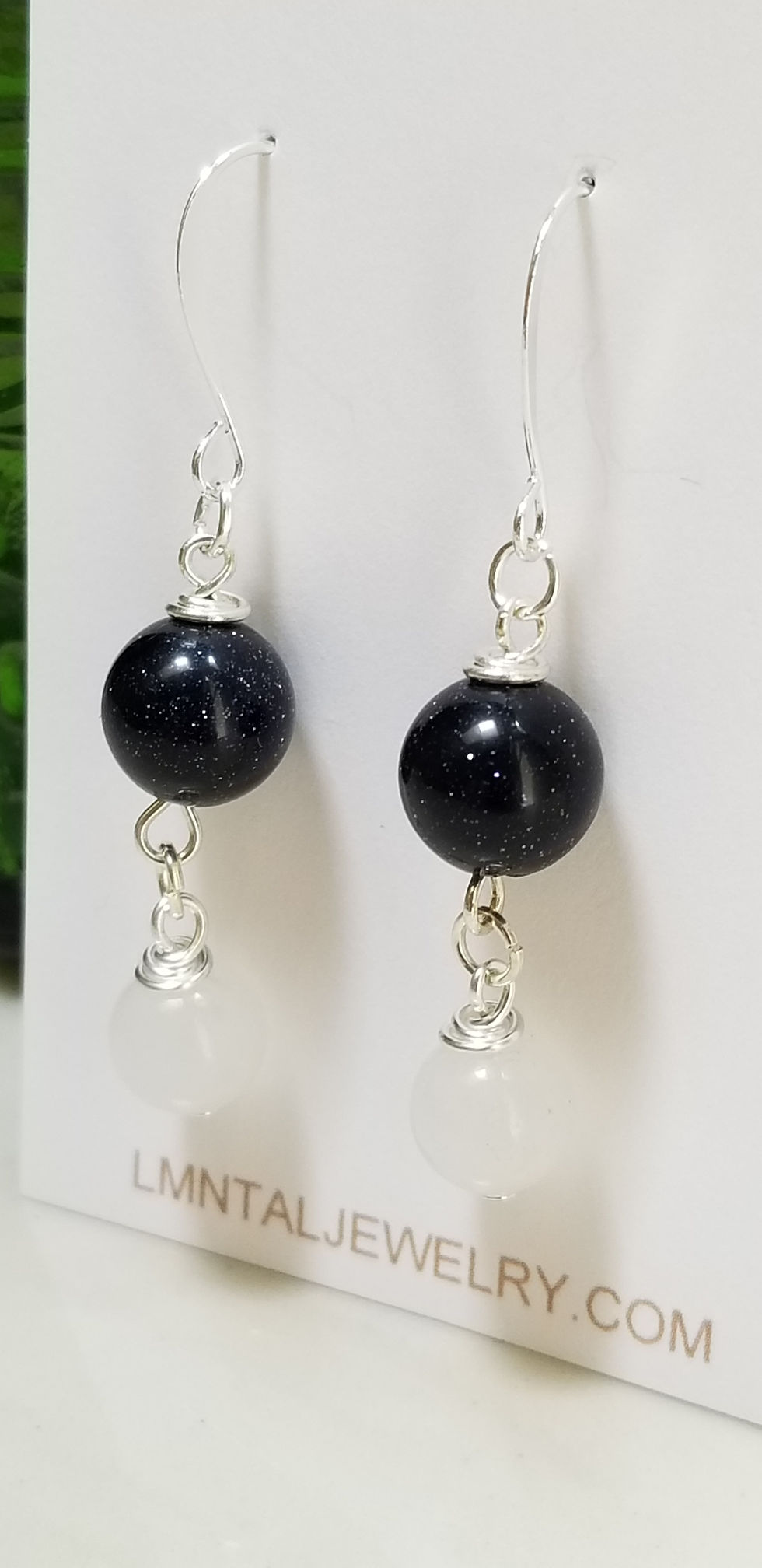 Thumbnail: Semi-Precious Snow Quartz Blue Goldstone Dangle Beaded Earrings Elemental
