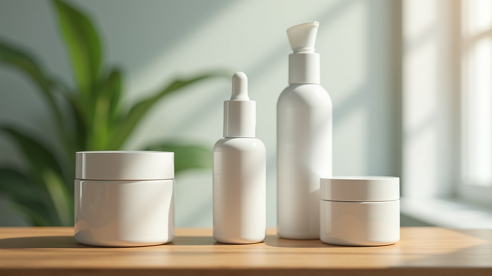 Eye-level view of skincare products arranged on a wooden surface