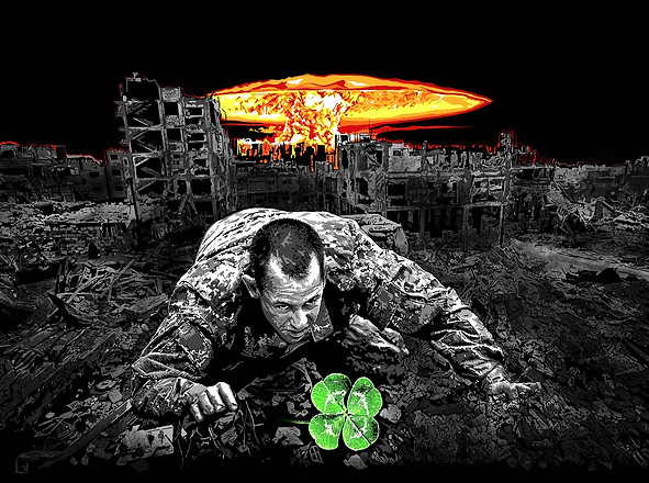 War. Soldier crawling. Four-leaf clover. Digital drawing.