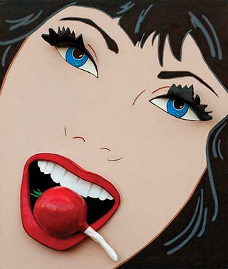 Girl with Radish  Marjorie Strider ( American, 1934-2014 ) 1963, acrylic on laminated pine on masonite panels,  72 x 60"
