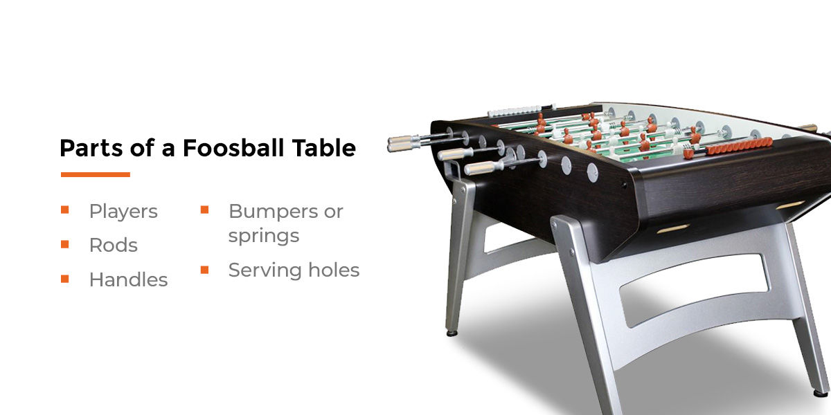 Foosball table with detailed parts labeled: Players, Rods, Handles, Bumpers, Serving holes. Dark wood finish, metal legs.