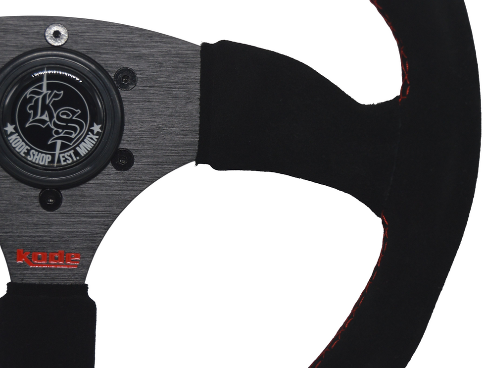 Thumbnail: KODE-350mm Suede Steering Wheel-Half Dish Red Stitching
