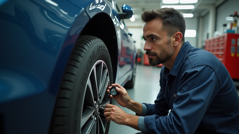 Close-up view of a mechanic checking tire pressure on a car