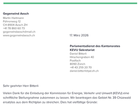 Stellungsnahme Gegenwind Aesch zu Handen der kantonsrätlichen KEVU