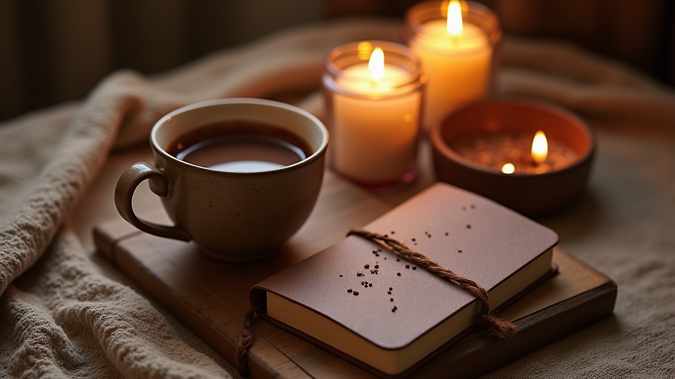 Close-up view of a warm cup of cacao surrounded by candles and a journal