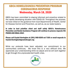 GBCA's Homelessness Prevention Program Protocol Change Due to Coronavirus - March 18, 2020
