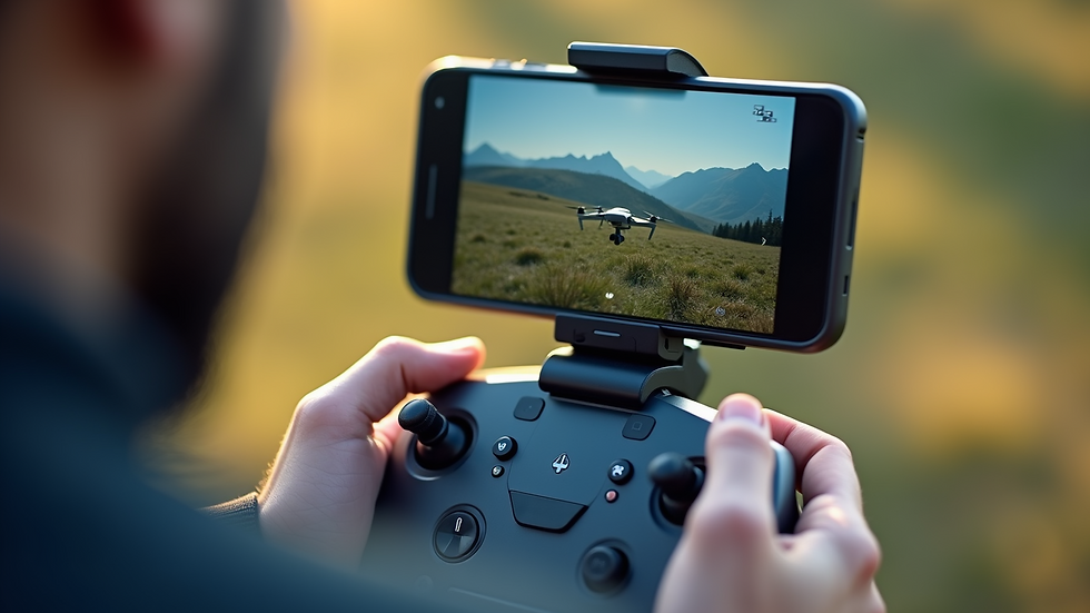 Close-up view of a drone controller with a screen showing aerial footage
