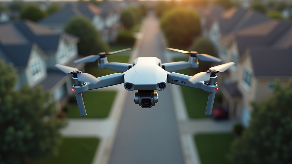 Eye-level view of a drone capturing aerial footage of a residential neighborhood