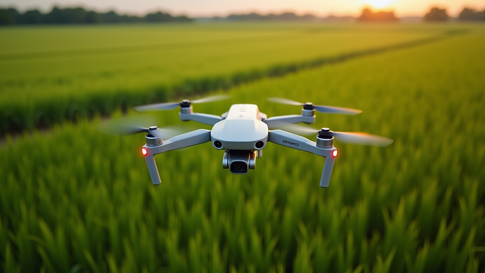High angle view of drone flying over a green agricultural field