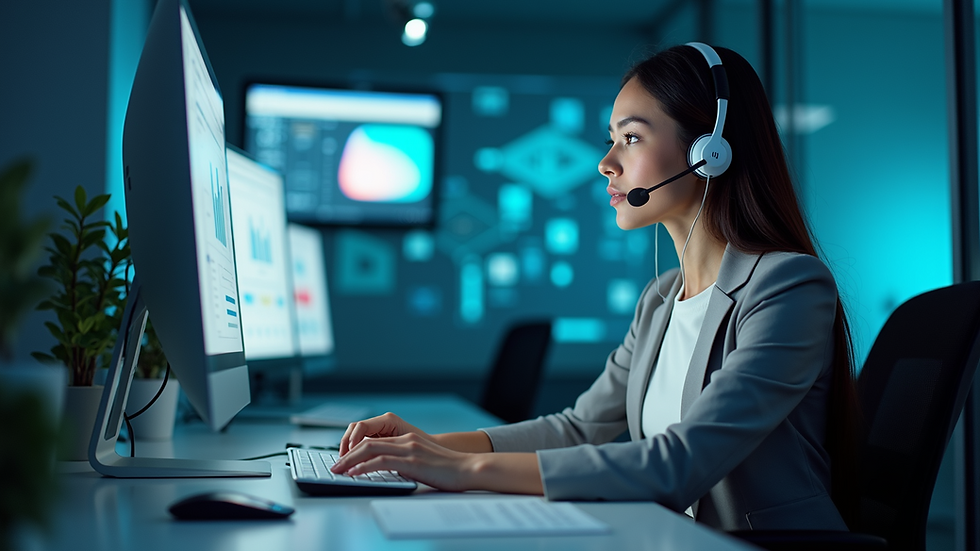 Eye-level view of a customer support agent using AI technology